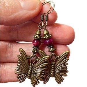 Hand Crafted Artisan Earrings Brass Butterfly Pendant Earrings Pink Boho#181